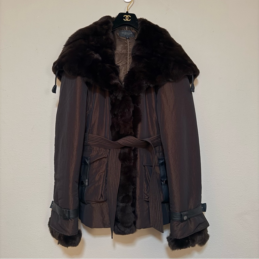Damselle New York Real Rabbit Fur Trim Iridescent Y2K Coat - Picture 3 of 7